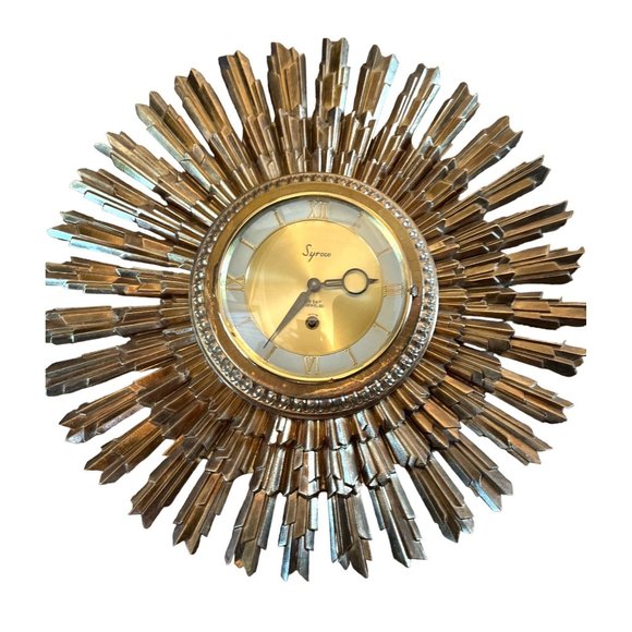 Syroco Other - MCM SYROCO 16" Gold SUNBURST 8-DAY JEWELED MID-CENTURY ATOMIC CLOCK & KEY WORKS